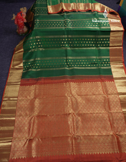 Beautiful Bottle Green Pure Kanjivaram Silk Saree With Contrast Rust Orange Traditional Border