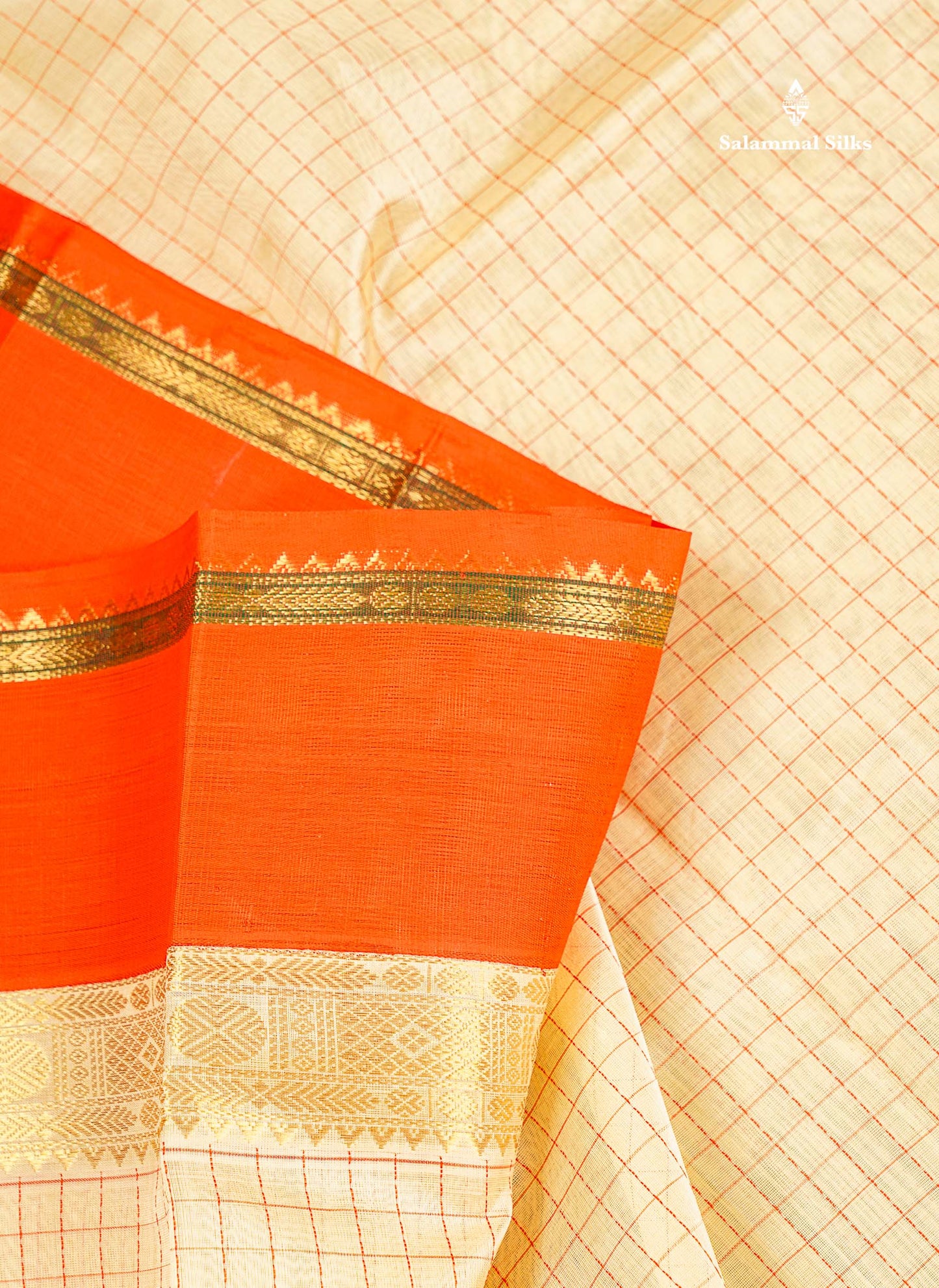 Pure Silk Cotton Saree - Cream Colour Body Small Checks With Contrast Orange Traditional Border