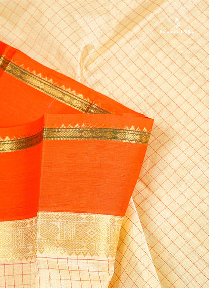 Pure Silk Cotton Saree - Cream Colour Body Small Checks With Contrast Orange Traditional Border