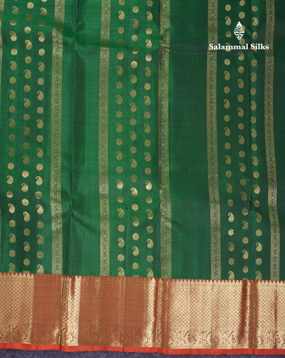 Beautiful Bottle Green Pure Kanjivaram Silk Saree With Contrast Rust Orange Traditional Border