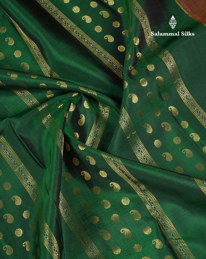 Beautiful Bottle Green Pure Kanjivaram Silk Saree With Contrast Rust Orange Traditional Border