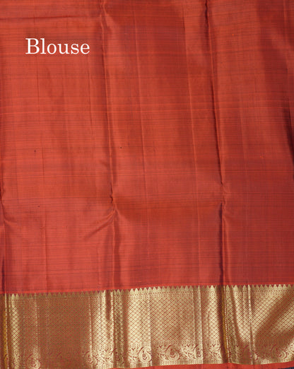 Beautiful Bottle Green Pure Kanjivaram Silk Saree With Contrast Rust Orange Traditional Border