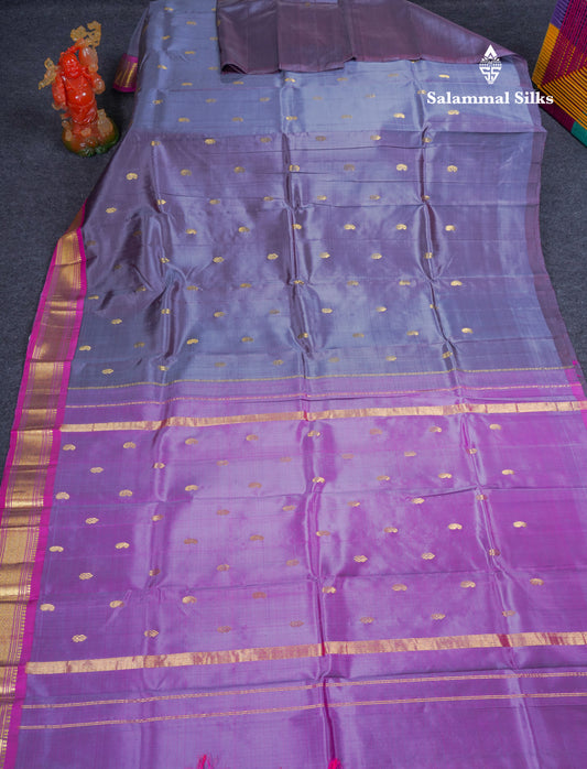 Dual Tone Grey Beautiful Pure Kanjivaram Silk Saree With Pink Traditional One Side Border