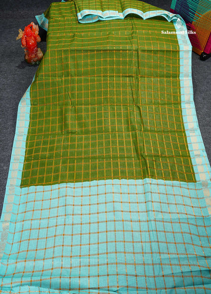 Sungudi Cotton Saree - Green Colour Body Zari Checks With Contrast Sky Blue Traditional Border