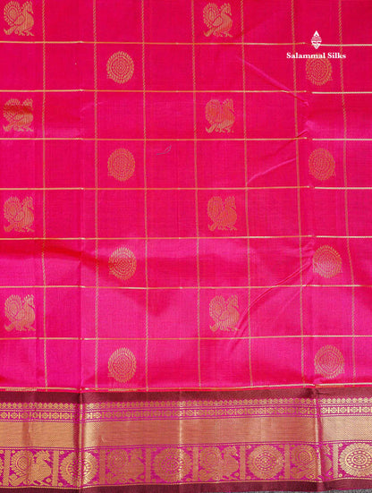 Pure Silk Cotton Saree - Dual Tone Pink Colour Body Checks With Butta Along With Contrast Dark Brown Traditional Border