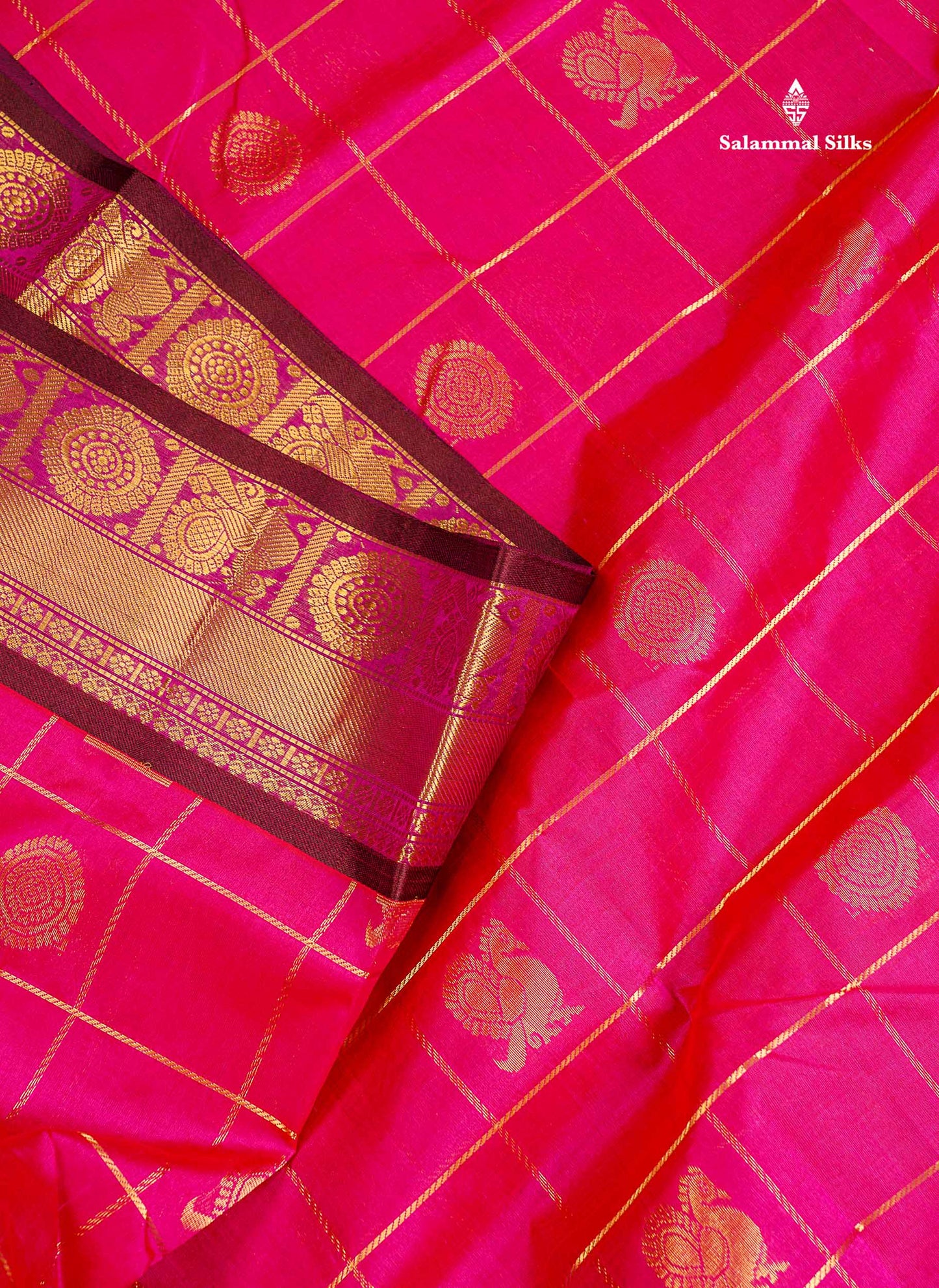 Pure Silk Cotton Saree - Dual Tone Pink Colour Body Checks With Butta Along With Contrast Dark Brown Traditional Border