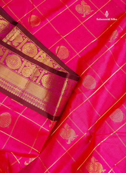 Pure Silk Cotton Saree - Dual Tone Pink Colour Body Checks With Butta Along With Contrast Dark Brown Traditional Border