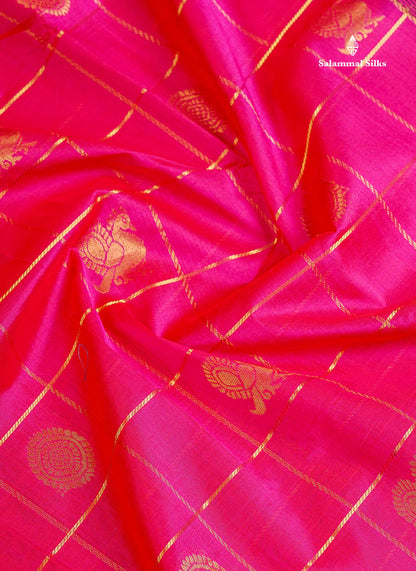 Pure Silk Cotton Saree - Dual Tone Pink Colour Body Checks With Butta Along With Contrast Dark Brown Traditional Border