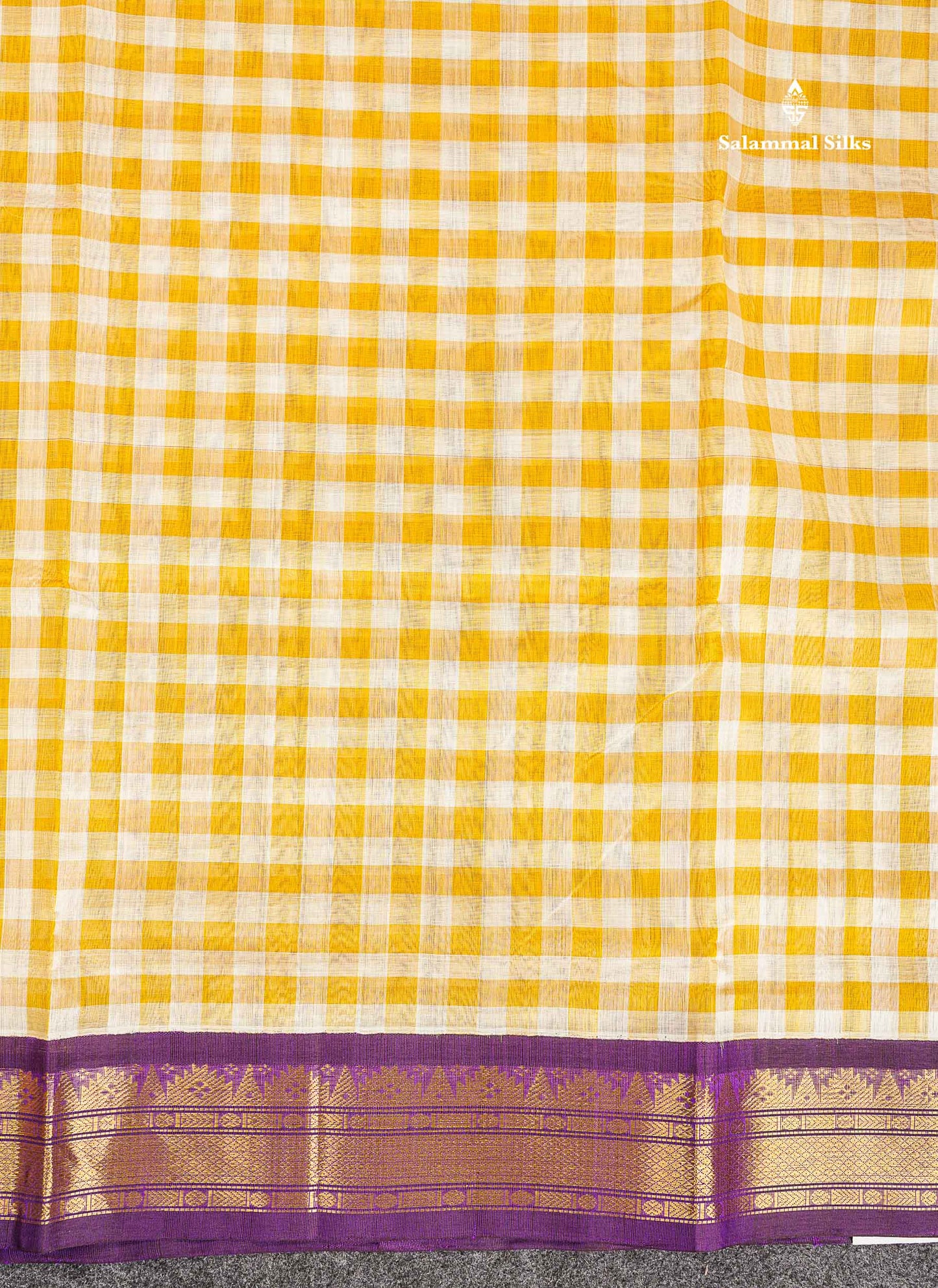 Pure Silk Cotton Saree - Paalum Pazham Checks White Yellow With Contrast Dark Purple Traditional Border
