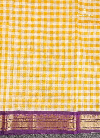 Pure Silk Cotton Saree - Paalum Pazham Checks White Yellow With Contrast Dark Purple Traditional Border