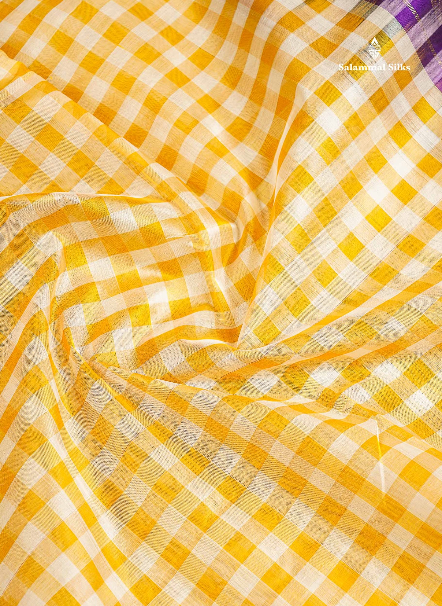 Pure Silk Cotton Saree - Paalum Pazham Checks White Yellow With Contrast Dark Purple Traditional Border