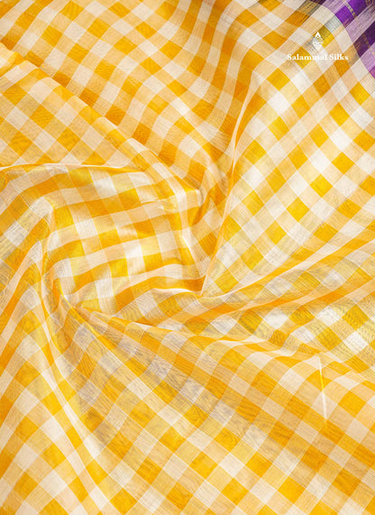 Pure Silk Cotton Saree - Paalum Pazham Checks White Yellow With Contrast Dark Purple Traditional Border