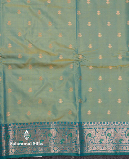 Beautiful Sapphire Green Semi Silk Saree With Contrast Peacock Green Traditional Border