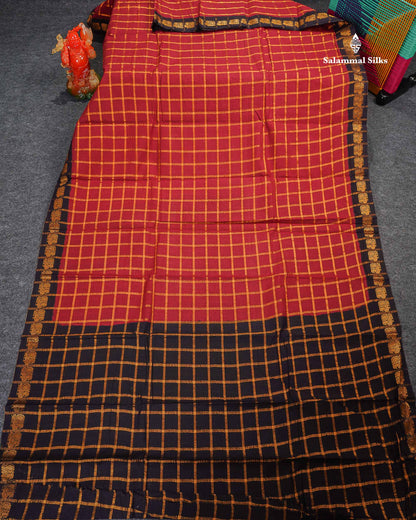 Sungudi Cotton Saree - Maroon Colour Body Zari Checks With Contrast Black Traditional Border