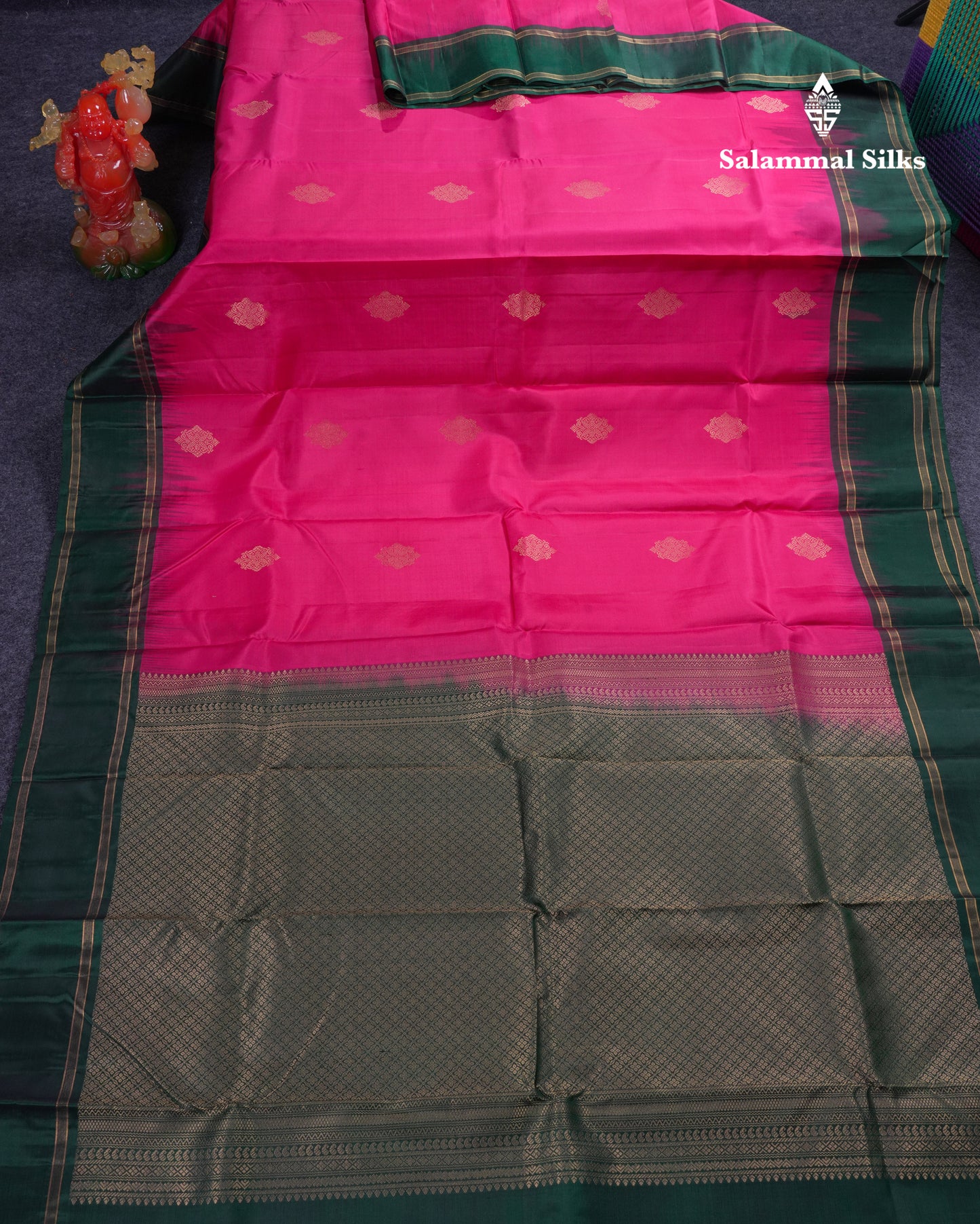 Beautiful Pink Pure Kanjivaram Silk Saree With Contrast Bottle Green Traditional Gap Border