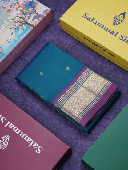 Dual Tone Peacock Blue Pure Kanjivaram Silk Saree With Contrast Purple One Side Border