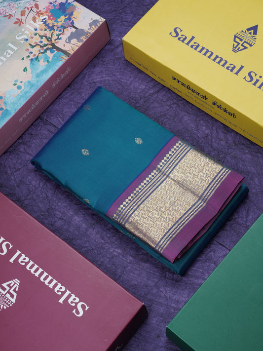 Dual Tone Peacock Blue Pure Kanjivaram Silk Saree With Contrast Purple One Side Border