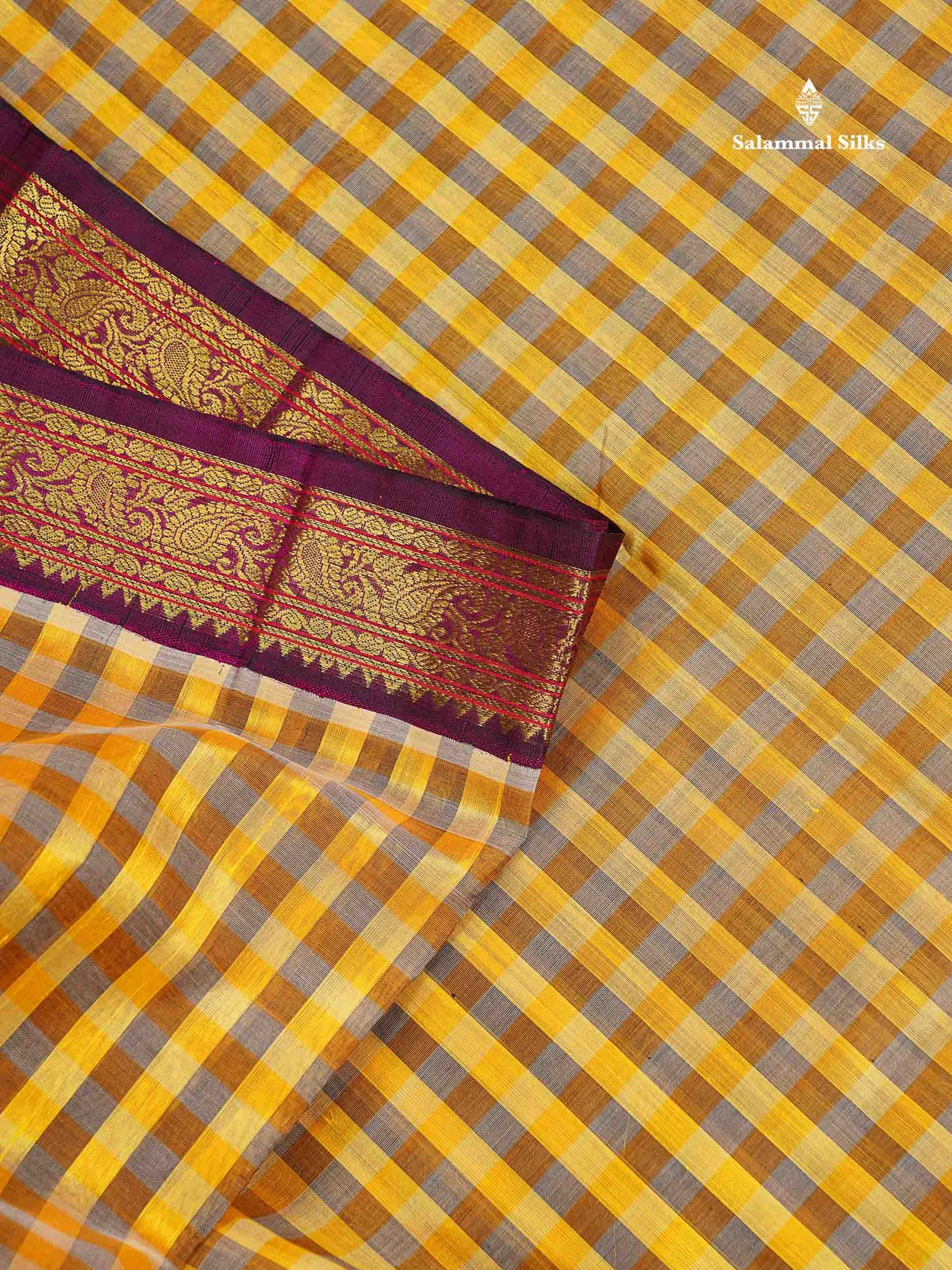 Pure Silk Cotton Saree - Paalum Pazham Checks Grey Yellow & Magenta Traditional Border