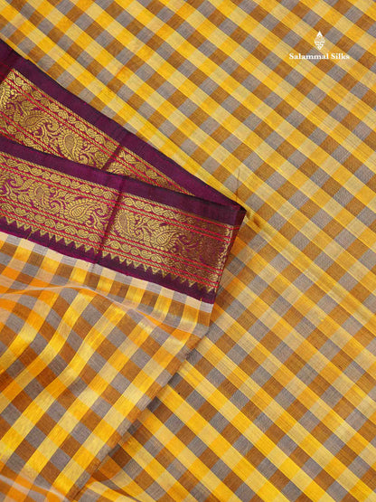 Pure Silk Cotton Saree - Paalum Pazham Checks Grey Yellow & Magenta Traditional Border