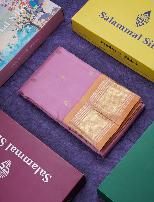 Light Pink Pure Kanjivaram Silk Saree With Contrast Mustard Yellow One Side Border