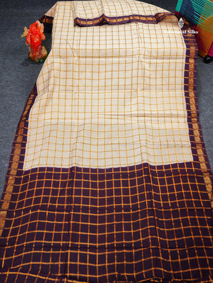 Sungudi Cotton Saree - Half White Colour Body Zari Checks With Contrast Wine Purple Traditional Border