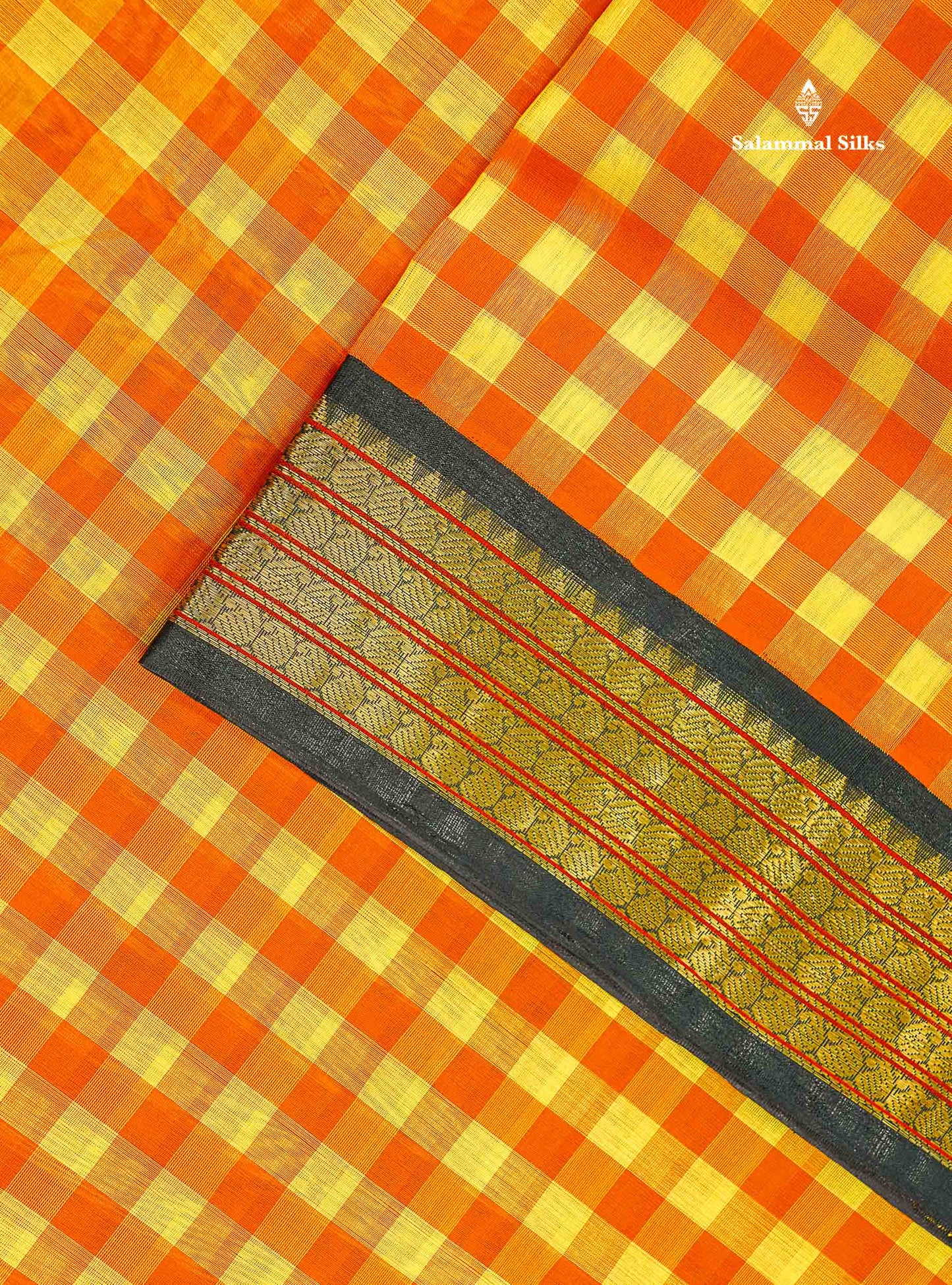 Pure Silk Cotton Saree - Paalum Pazham Checks Orange Yellow & Black Traditional Border