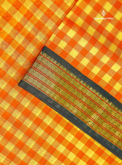 Pure Silk Cotton Saree - Paalum Pazham Checks Orange Yellow & Black Traditional Border