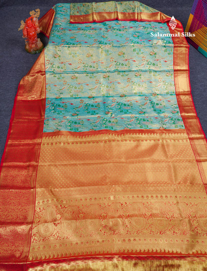 Pastel Blue Tissue Bridal Pure Kanjivaram Silk Saree With Contrast Red Border