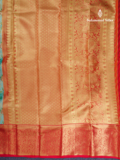 Pastel Blue Tissue Bridal Pure Kanjivaram Silk Saree With Contrast Red Border