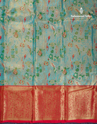 Pastel Blue Tissue Bridal Pure Kanjivaram Silk Saree With Contrast Red Border