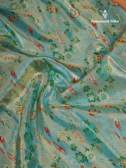 Pastel Blue Tissue Bridal Pure Kanjivaram Silk Saree With Contrast Red Border