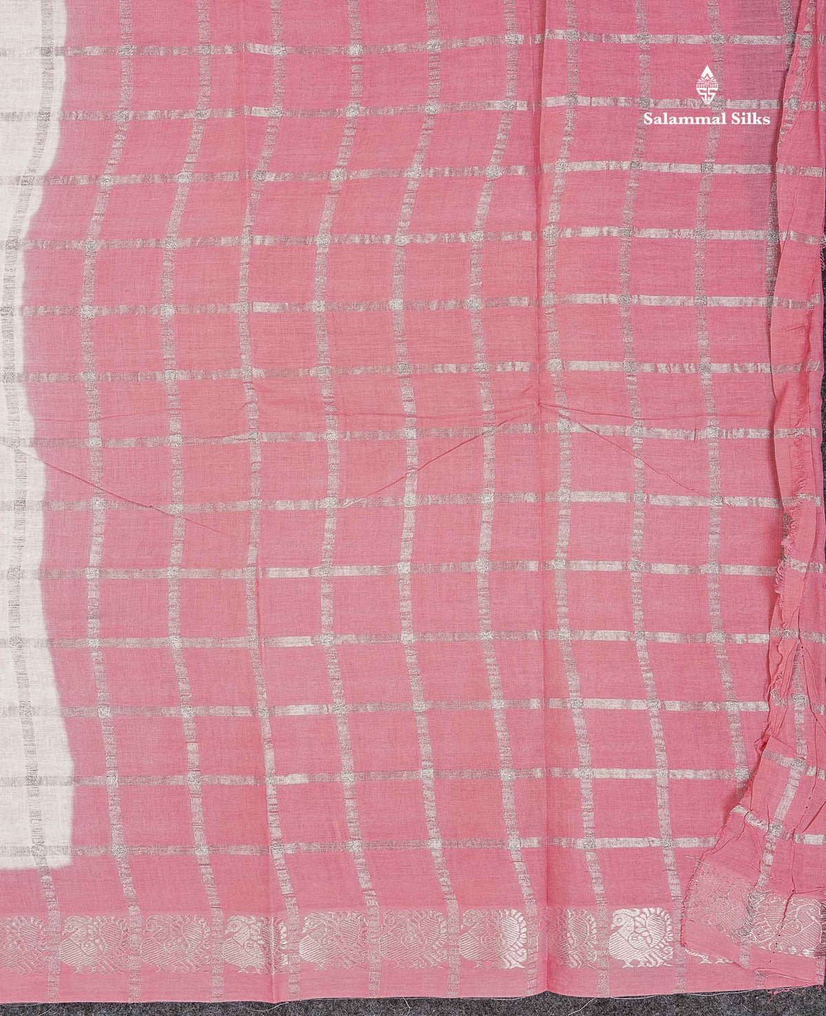 Sungudi Cotton Saree - White Colour Body Silver Zari Checks With Contrast Baby Pink Traditional Border