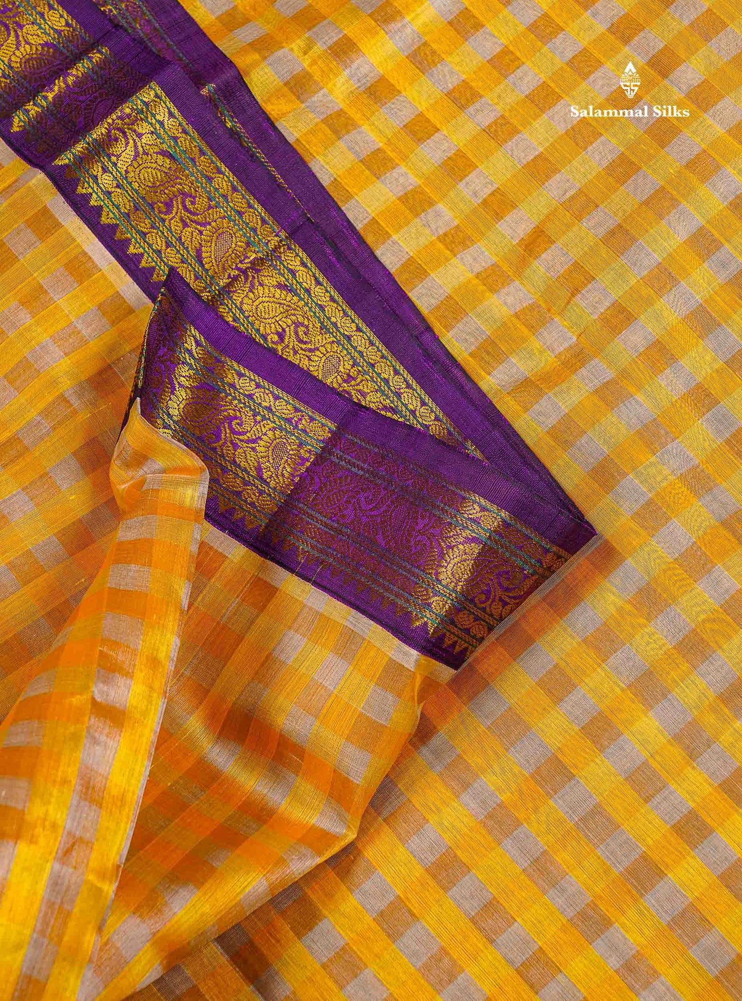 Pure Silk Cotton Saree - Paalum Pazham Checks Light Grey Yellow & Dark Purple Traditional Border