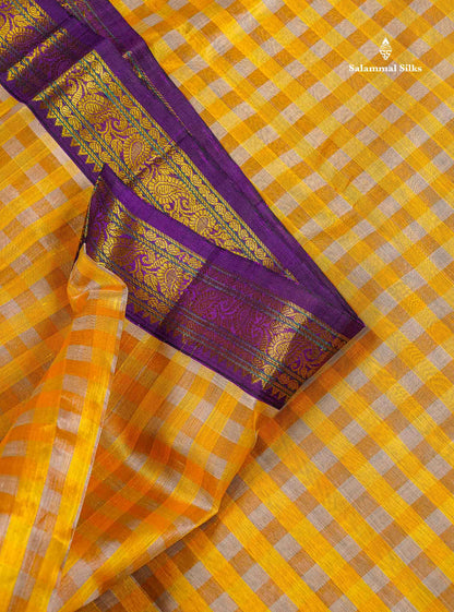 Pure Silk Cotton Saree - Paalum Pazham Checks Light Grey Yellow & Dark Purple Traditional Border