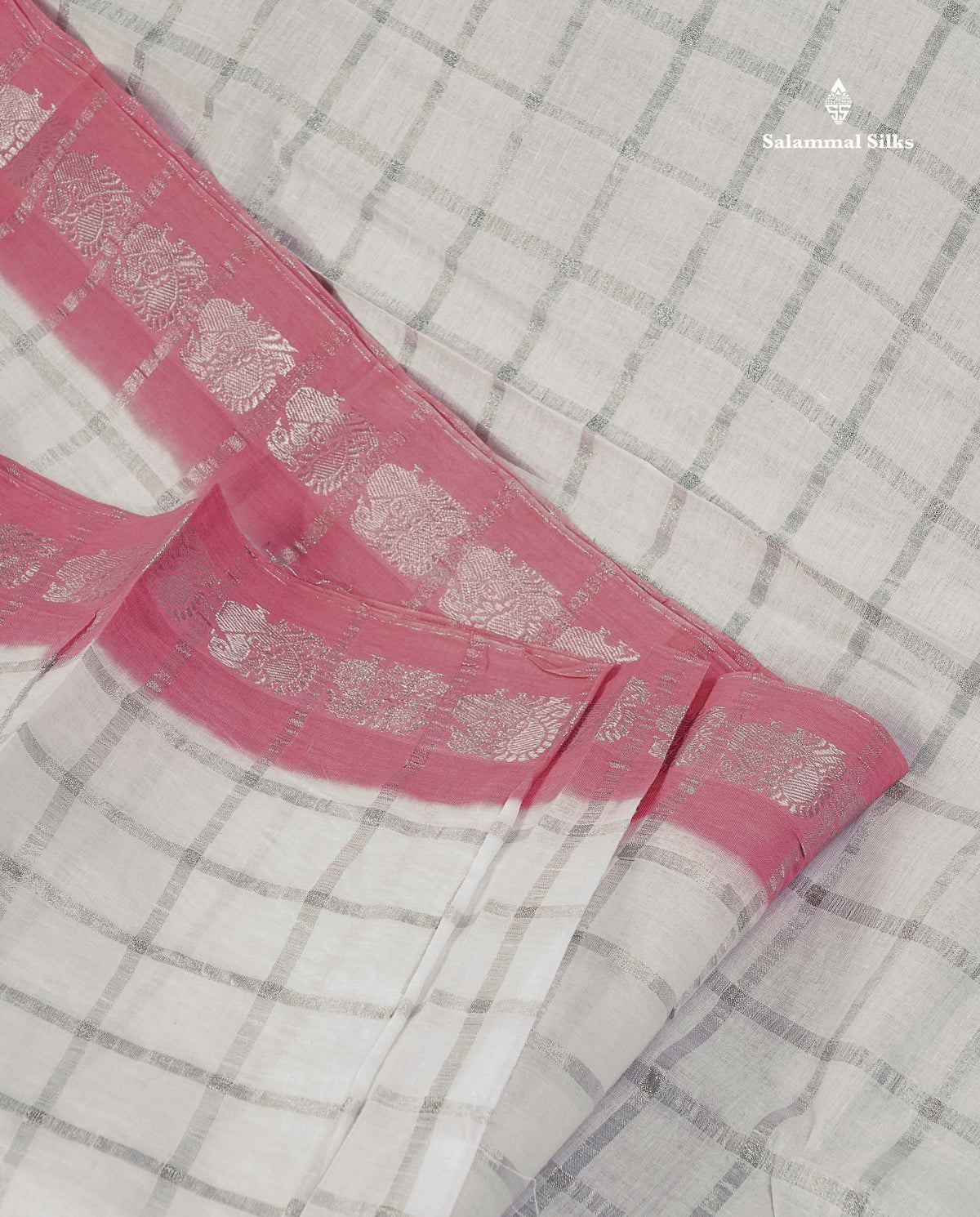 Sungudi Cotton Saree - White Colour Body Silver Zari Checks With Contrast Baby Pink Traditional Border