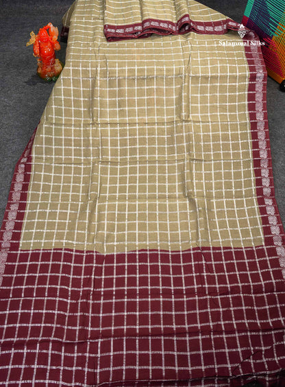 Sungudi Cotton Saree - Dual Tone Mehandi Green Colour Body Silver Zari Checks With Contrast Maroon Traditional Border 