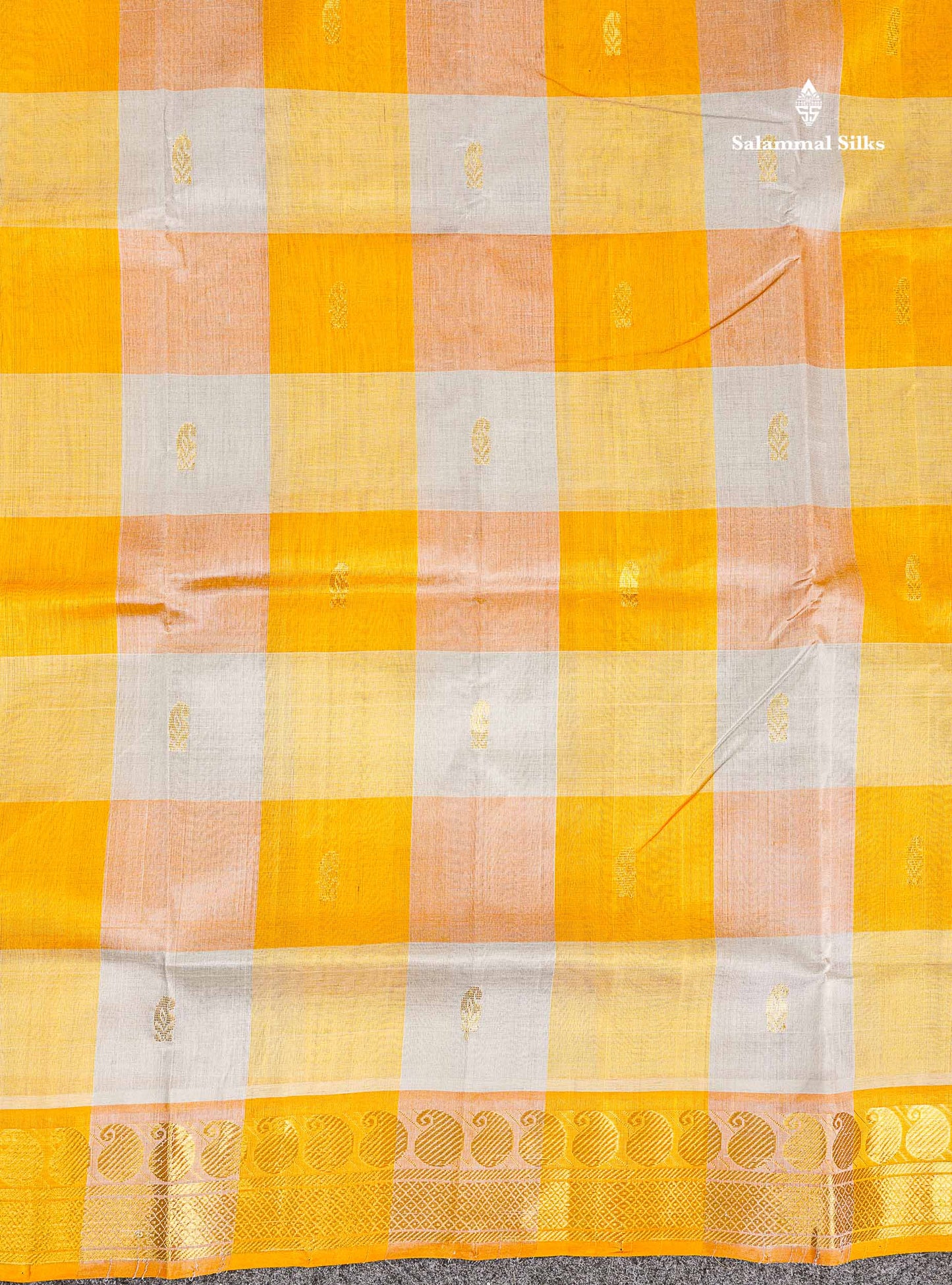 Pure Silk Cotton Saree - Paalum Pazham Checks Light Grey Yellow With Butta