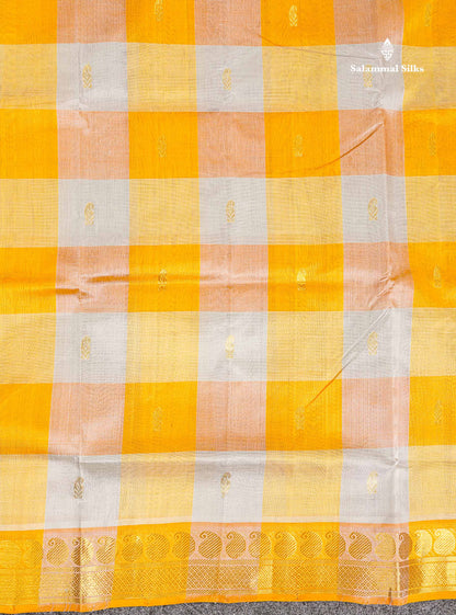 Pure Silk Cotton Saree - Paalum Pazham Checks Light Grey Yellow With Butta
