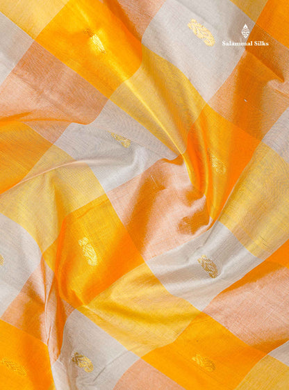 Pure Silk Cotton Saree - Paalum Pazham Checks Light Grey Yellow With Butta