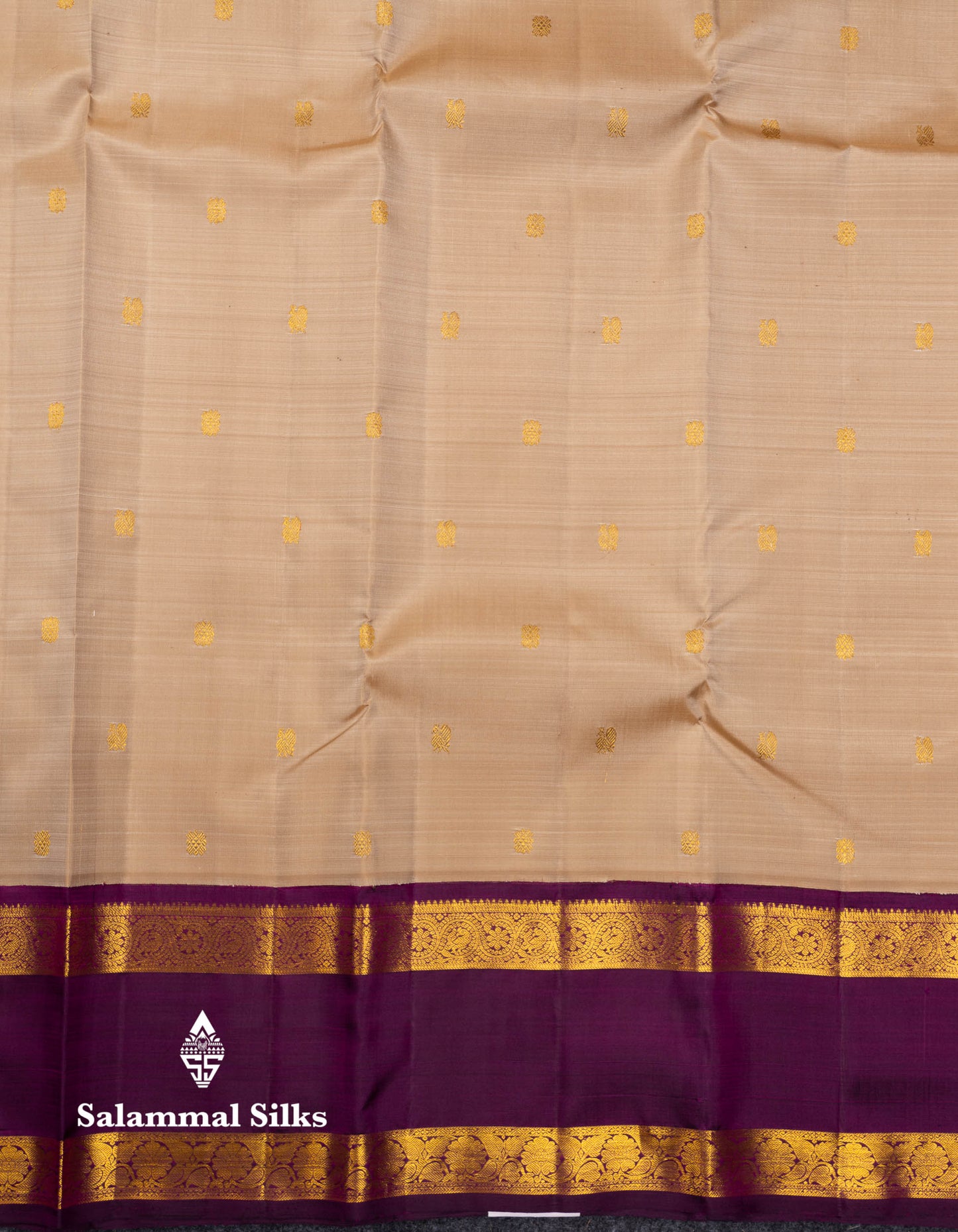 Korvai Beautiful Cream Sandal Pure Kanjivaram Silk Saree Contrast Magenta Traditional Gap Border