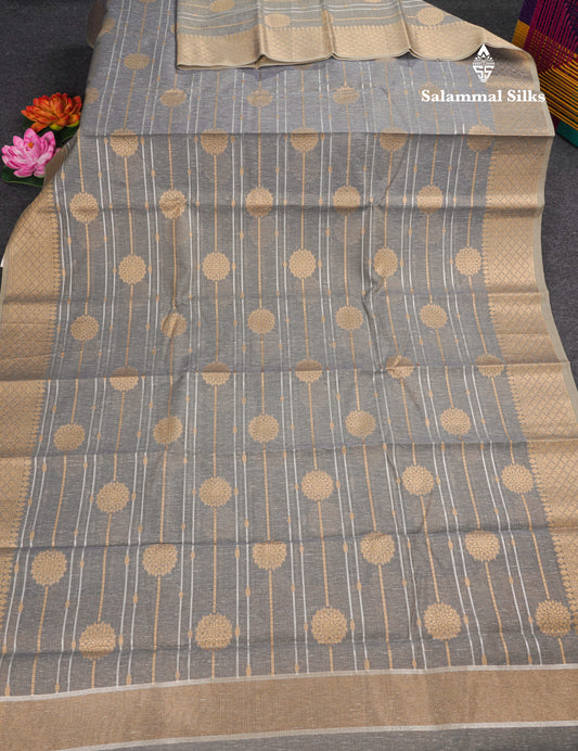 Grey Beautiful Fancy Saree Gold Silver Zari Lines With Gold Zari Border