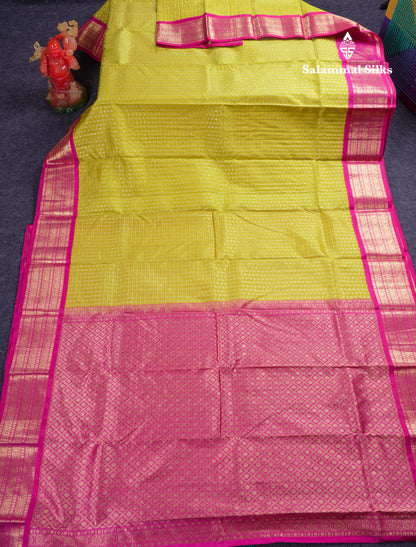 Beautiful Lemon Yellow Pure Kanjivaram Silk Saree With Contrast Pink Traditional Border