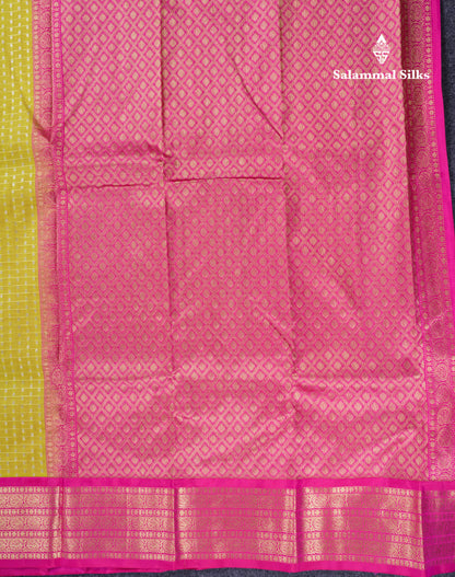 Beautiful Lemon Yellow Pure Kanjivaram Silk Saree With Contrast Pink Traditional Border