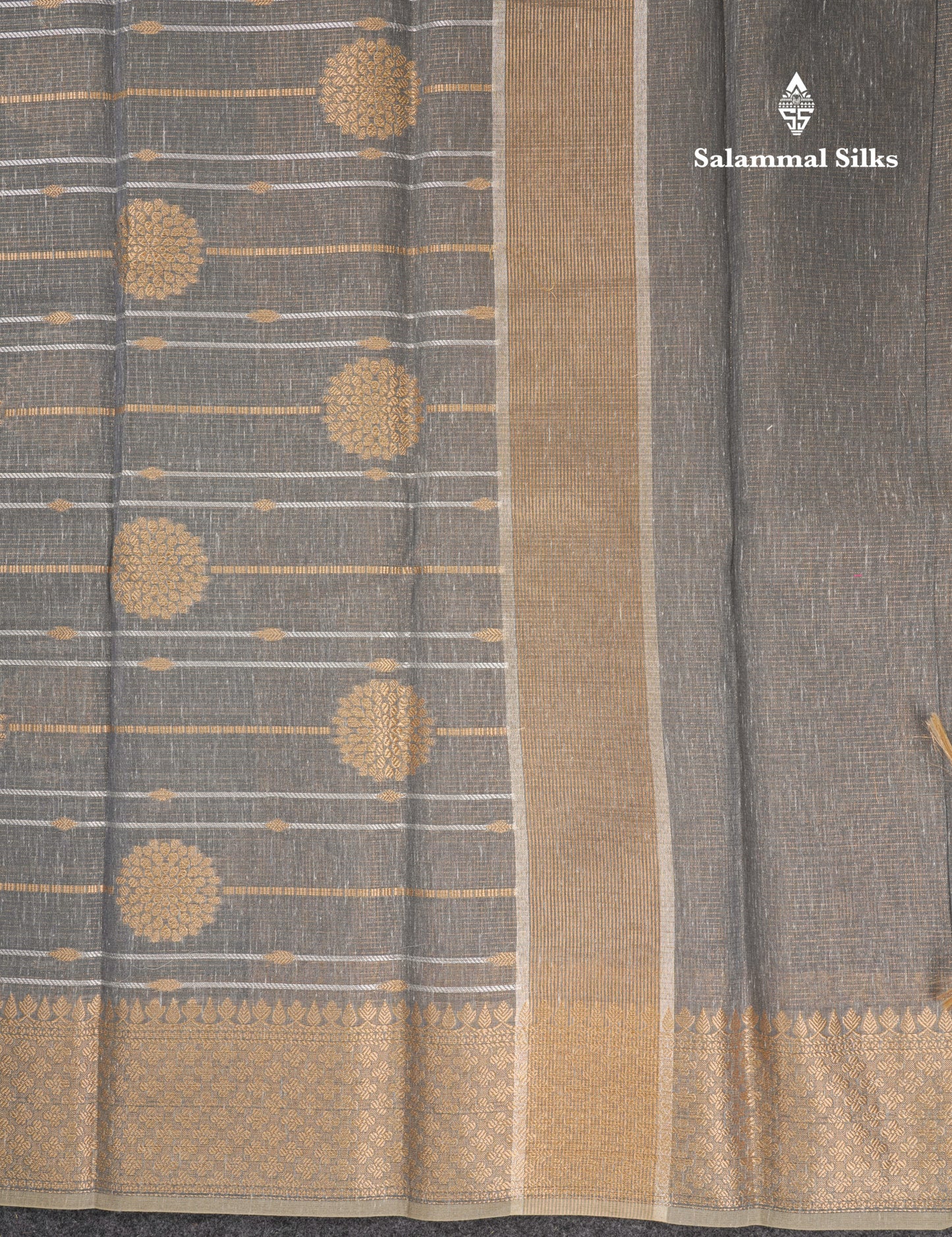 Grey Beautiful Fancy Saree Gold Silver Zari Lines With Gold Zari Border