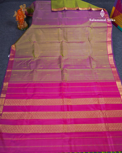 Beautiful Dual Tone Green Pure Kanjivaram Silk Saree With Violet Traditional Small Border