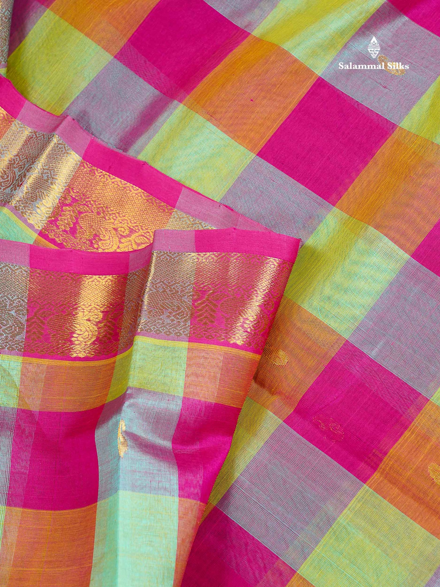 Pure Silk Cotton Saree - Paalum Pazham Checks Pink Light Green With Butta