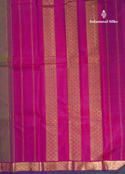 Beautiful Dual Tone Green Pure Kanjivaram Silk Saree With Violet Traditional Small Border