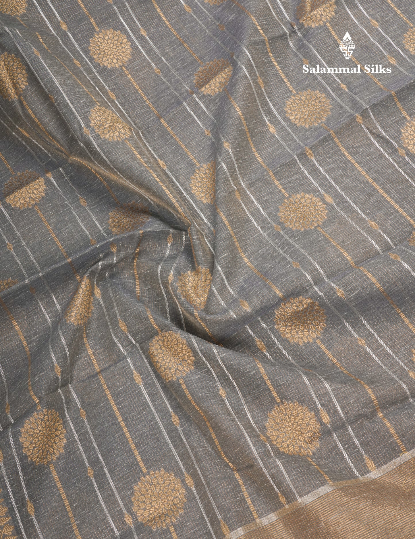 Grey Beautiful Fancy Saree Gold Silver Zari Lines With Gold Zari Border