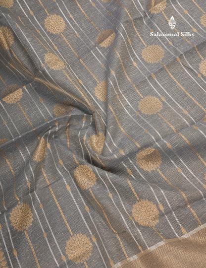 Grey Beautiful Fancy Saree Gold Silver Zari Lines With Gold Zari Border