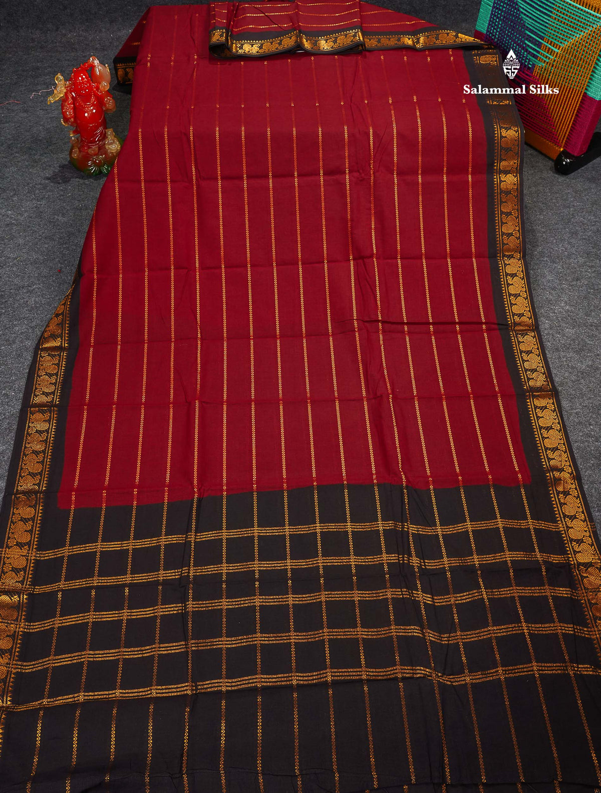 Sungudi Cotton Saree - Maroon Colour Body With Contrast Black Traditional Border